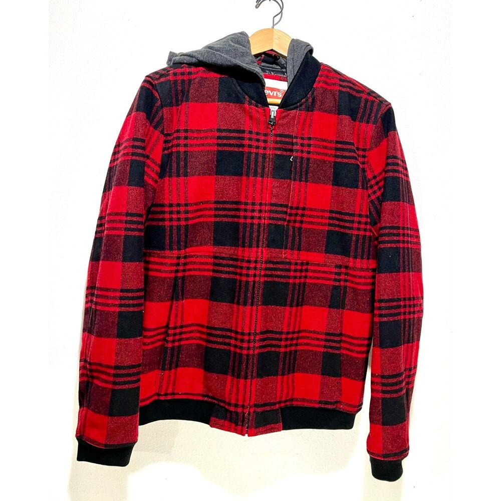 Levi's hooded jacket red plaid fully quilted lined detachable cap winter men's M